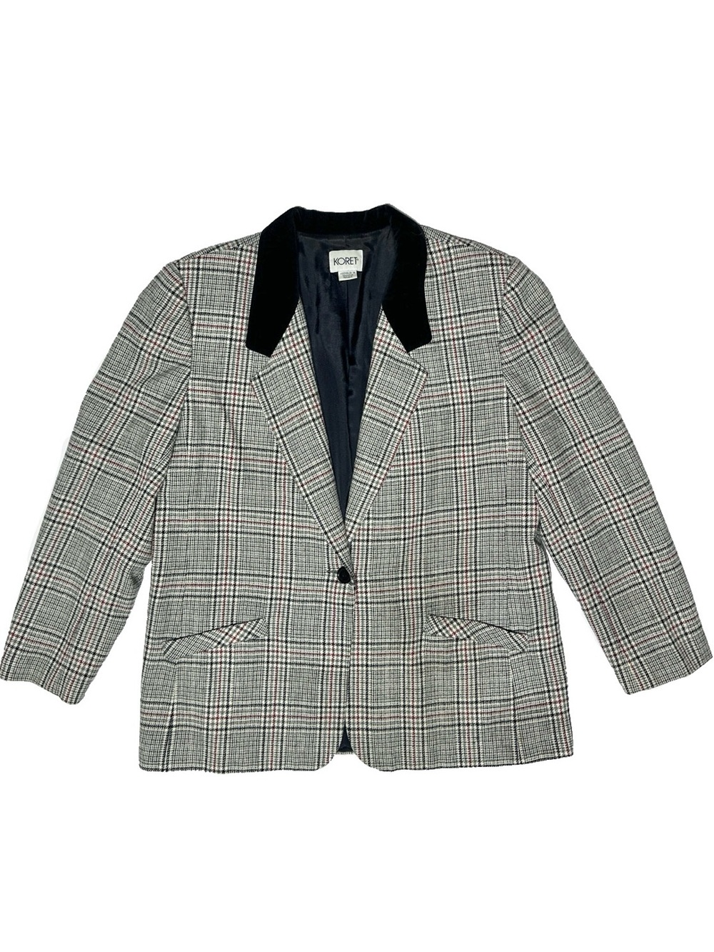 Koret Vintage Glen Plaid Blazer Velvet Collar Wool Blend Black Red Gray Size 14